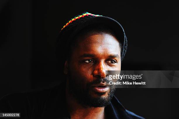 Audley Harrison of Great Britain talks to the media during a press conference to promote his May 26 fight with Ali Adams of Great Britain on May 22,...