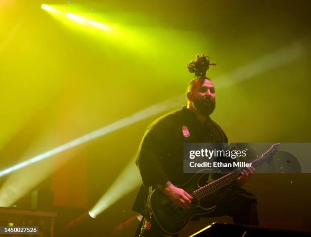 Guitarist Zoltan Bathory of Five Finger Death Punch performs at Michelob ULTRA Arena on December 17, 2022 in Las Vegas, Nevada.