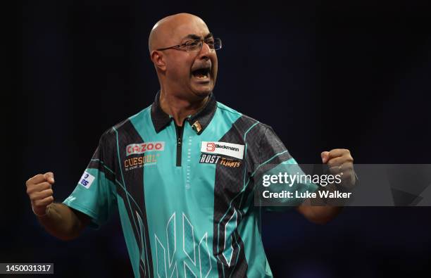 Prakash Jiwa of India reacts during his First Round Match against Madars Razma of Latvia during Day Four of The Cazoo World Darts Championship at...