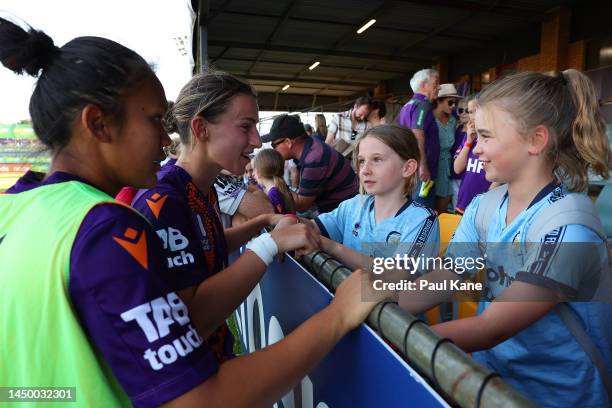 Sofia Sakalis of the Glory talks with young supporters after winning the round five A-League Women's match between Perth Glory and Canberra United at...
