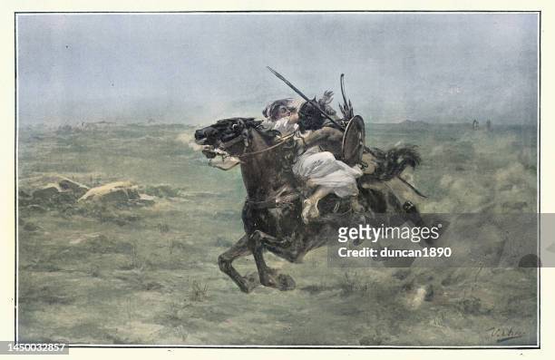 ilustrações, clipart, desenhos animados e ícones de o sequestro, guerreiro carregando uma mulher a cavalo, arte vitoriana do século 19, ulpiano checa - lady barbara