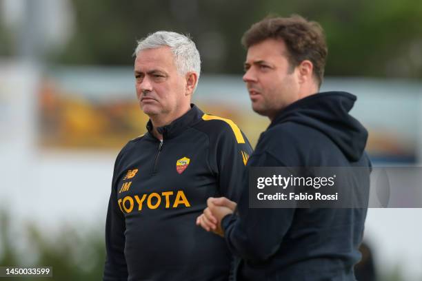 Roma coach Josè Mourinho and Tiago Pinto during a training session at Estadio Municipal de Albufeira on December 18, 2022 in Albufeira, Portugal.