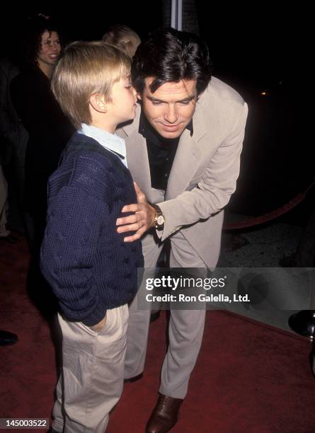 Actor Pierce Brosnan and son Sean Brosnan attend the "Mrs. Doubtfire" Beverly Hills Premiere on November 22, 1993 at the Academy Theatre in Beverly...