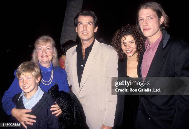Actor Pierce Brosnan, son Christopher Brosnan and son Sean Brosnan attend the "Mrs. Doubtfire" Beverly Hills Premiere on November 22, 1993 at the...