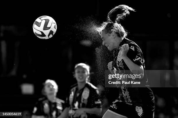 Elizabeth Anton of the Glory heads the ball during the round five A-League Women's match between Perth Glory and Canberra United at Macedonia Park,...