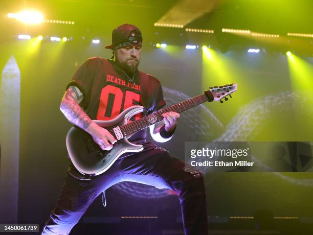 Guitarist Andy James of Five Finger Death Punch performs at Michelob ULTRA Arena on December 17, 2022 in Las Vegas, Nevada.