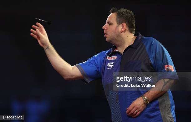 Adrian Lewis of England in action during his Second Round Match against Damon Heta of Australia during Day Four of The Cazoo World Darts Championship...