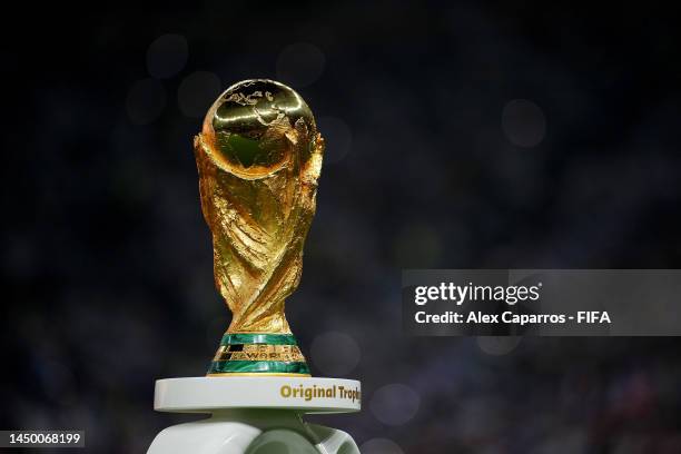 Detailed view of the FIFA World Cup trophy on the plinth prior to the FIFA World Cup Qatar 2022 Final match between Argentina and France at Lusail...