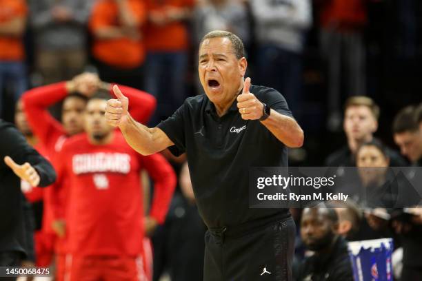 Head coach Kelvin Sampson of the Houston Cougars argues a call in the first half during a game against the Virginia Cavaliers at John Paul Jones...