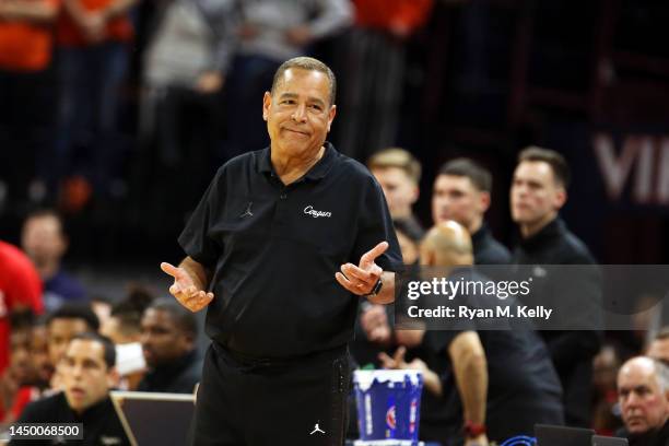 Head coach Kelvin Sampson of the Houston Cougars reacts to a play in the first half during a game against the Virginia Cavaliers at John Paul Jones...