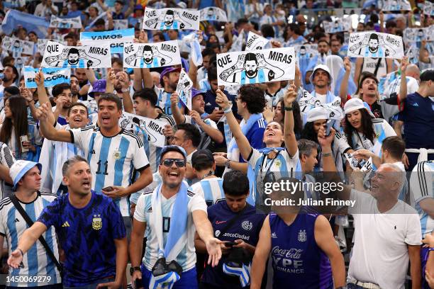 Argentina fans show their support prior to the FIFA World Cup Qatar 2022 Final match between Argentina and France at Lusail Stadium on December 18,...