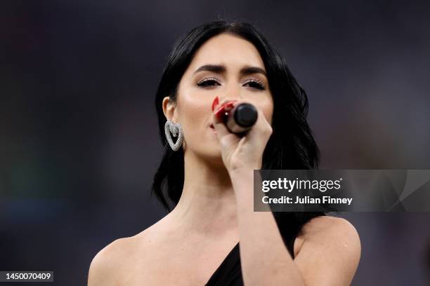 Singer Lali Esposito sings their national anthem prior to the FIFA World Cup Qatar 2022 Final match between Argentina and France at Lusail Stadium on...