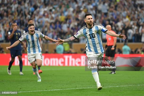 Lionel Messi of Argentina celebrates after scoring the team's first goal during the FIFA World Cup Qatar 2022 Final match between Argentina and...