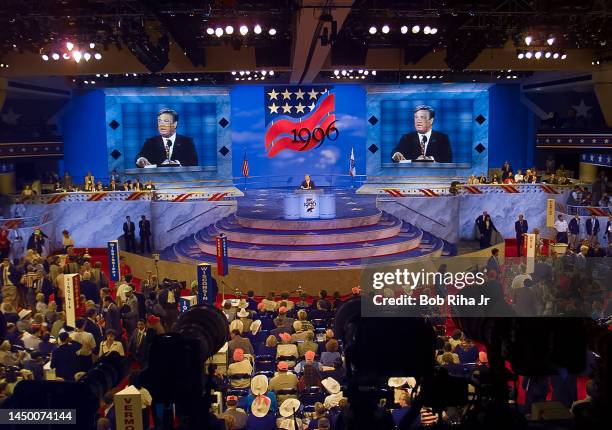 Haley Barbour, Chairman of the Republican National Committee addresses audience at the Republican National Convention, August 12, 1996 in San Diego,...