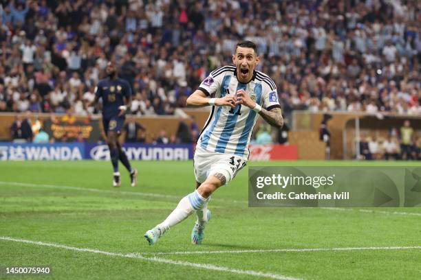 Angel Di Maria of Argentina celebrates after scoring the team's second goal during the FIFA World Cup Qatar 2022 Final match between Argentina and...