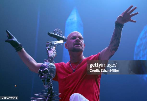 Singer Ivan Moody of Five Finger Death Punch performs at Michelob ULTRA Arena on December 17, 2022 in Las Vegas, Nevada.