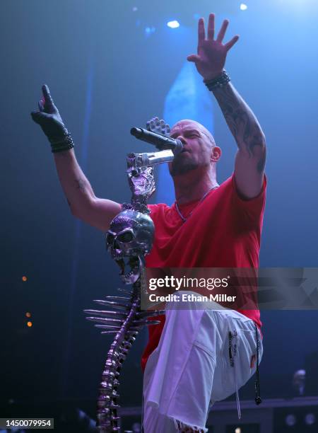 Singer Ivan Moody of Five Finger Death Punch performs at Michelob ULTRA Arena on December 17, 2022 in Las Vegas, Nevada.