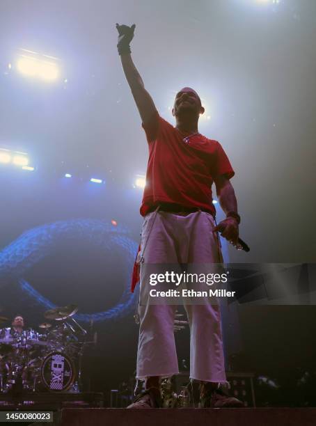 Drummer Charlie Engen and singer Ivan Moody of Five Finger Death Punch perform at Michelob ULTRA Arena on December 17, 2022 in Las Vegas, Nevada.