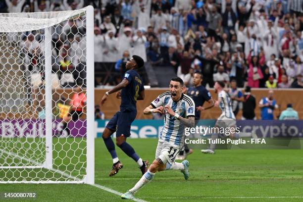 Angel Di Maria of Argentina celebrates after scoring the team's second goal as players of France react during the FIFA World Cup Qatar 2022 Final...