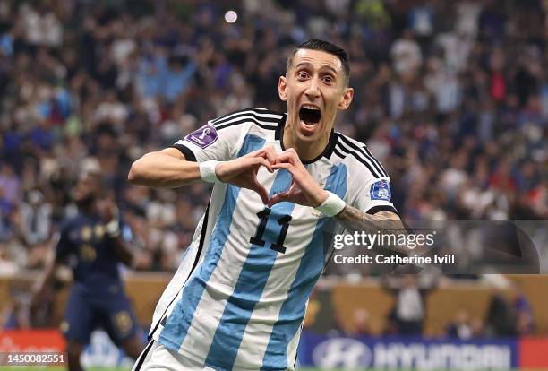 Angel Di Maria of Argentina celebrates after scoring the team's second goal past Hugo Lloris of France during the FIFA World Cup Qatar 2022 Final...