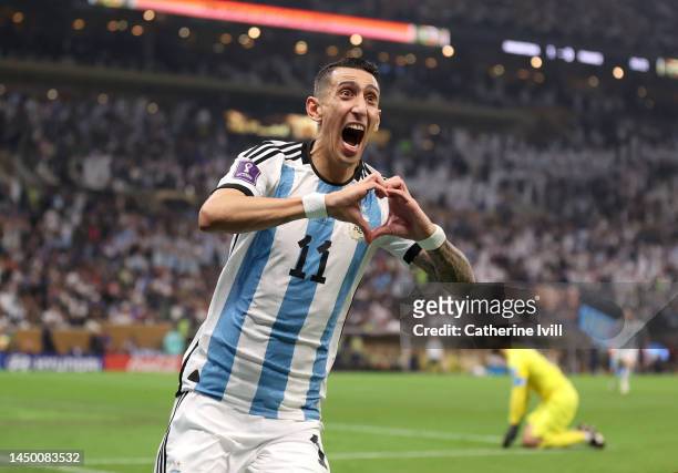 Angel Di Maria of Argentina celebrates after scoring the team's second goal past Hugo Lloris of France during the FIFA World Cup Qatar 2022 Final...