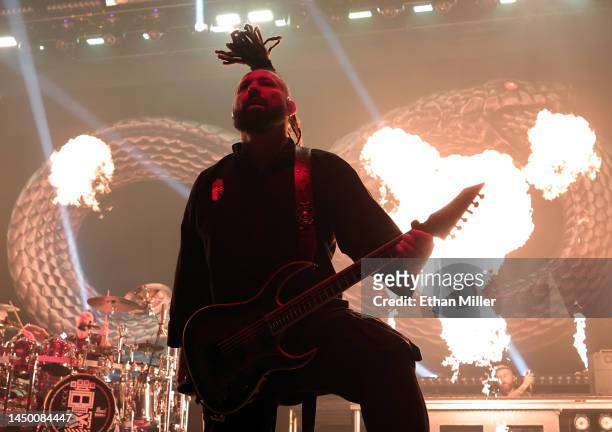 Guitarist Zoltan Bathory of Five Finger Death Punch performs at Michelob ULTRA Arena on December 17, 2022 in Las Vegas, Nevada.
