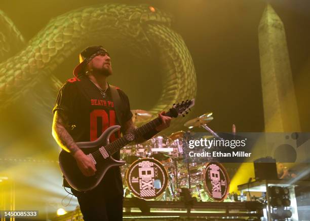 Guitarist Andy James of Five Finger Death Punch performs at Michelob ULTRA Arena on December 17, 2022 in Las Vegas, Nevada.