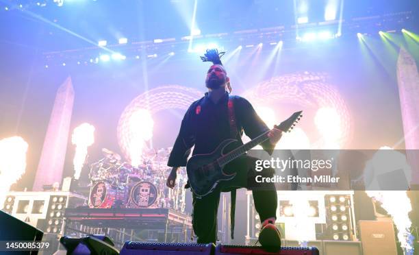 Guitarist Zoltan Bathory of Five Finger Death Punch performs at Michelob ULTRA Arena on December 17, 2022 in Las Vegas, Nevada.