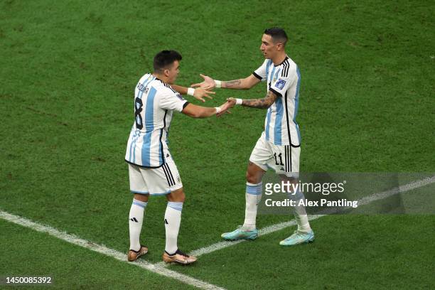 Marcos Acuna replaces Angel Di Maria of Argentina during the FIFA World Cup Qatar 2022 Final match between Argentina and France at Lusail Stadium on...
