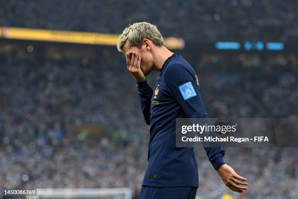 Antoine Griezmann of France reacts as he is substituted during the FIFA World Cup Qatar 2022 Final match between Argentina and France at Lusail...