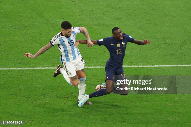 Nicolas Otamendi of Argentina fouls Randal Kolo Muani of France which leads to a penalty for France during the FIFA World Cup Qatar 2022 Final match...