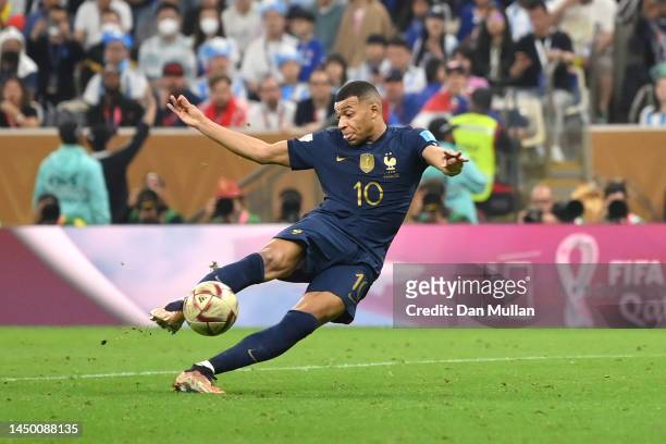 Kylian Mbappe of France scores the team's second goal during the FIFA World Cup Qatar 2022 Final match between Argentina and France at Lusail Stadium...