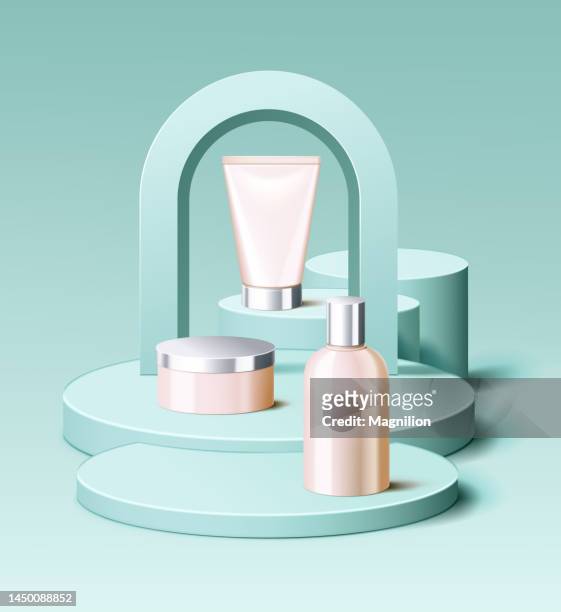 podium, cosmetics stand - hologram display stock illustrations