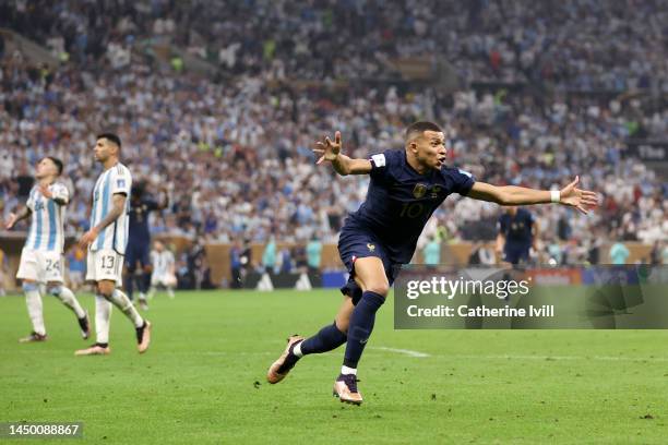 Kylian Mbappe of France celebrates after scoring the team's second goal during the FIFA World Cup Qatar 2022 Final match between Argentina and France...