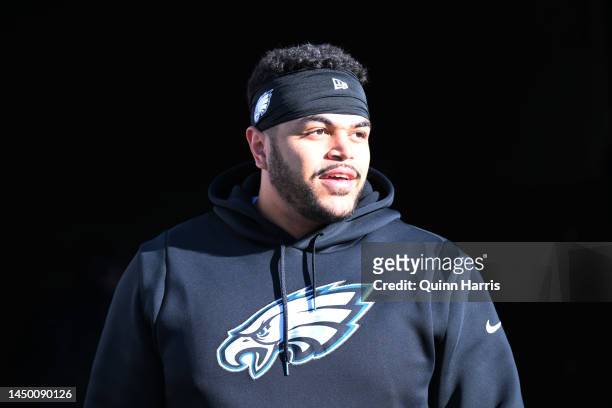 Andre Dillard of the Philadelphia Eagles warms up prior to a game against the Chicago Bears at Soldier Field on December 18, 2022 in Chicago,...
