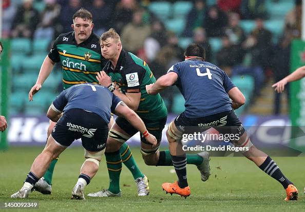 David Ribbans Rugby David Ribbans of Northampton Saints is tackled during the Heineken ...