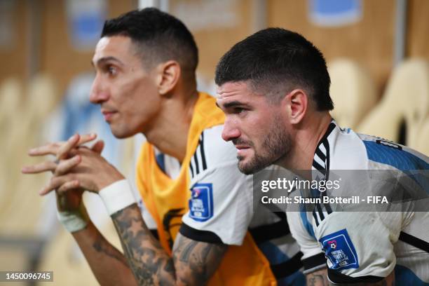 Rodrigo De Paul of Argentina reacts from the bench during the FIFA World Cup Qatar 2022 Final match between Argentina and France at Lusail Stadium on...