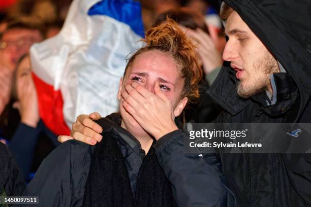 Supporters of France react as they watch the giant screen live broadcast of Argentina v France FIFA World Cup Qatar 2022 Finals Match on December 18,...