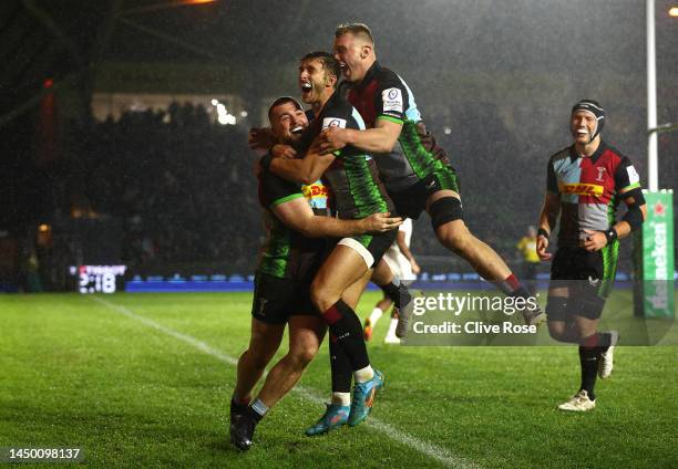 George Head of Harlequins celebrates after scoring a try during the Heineken Champions Cup Pool A match between Harlequins and Racing 92 at...