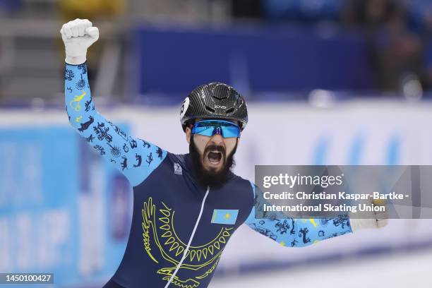 Denis Nikisha of Kazakhstan celebrates after winning Men’s 500m Final A race during the ISU World Cup Short Track at Halyk Arena on December 18, 2022...