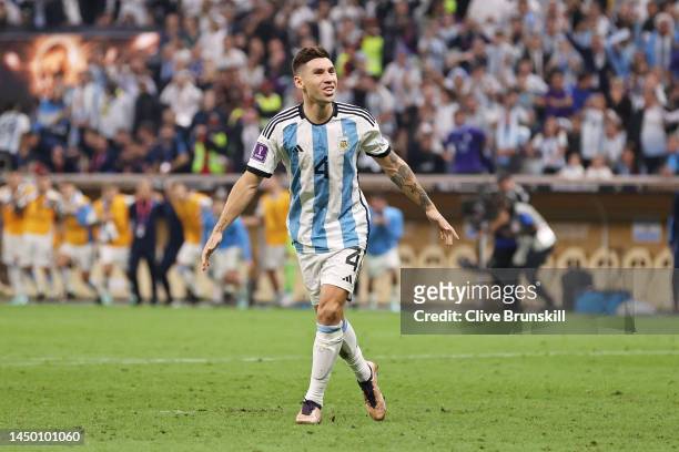 Gonzalo Montiel of Argentina celebrates after scoring their sides fourth and winning penalty during the FIFA World Cup Qatar 2022 Final match between...