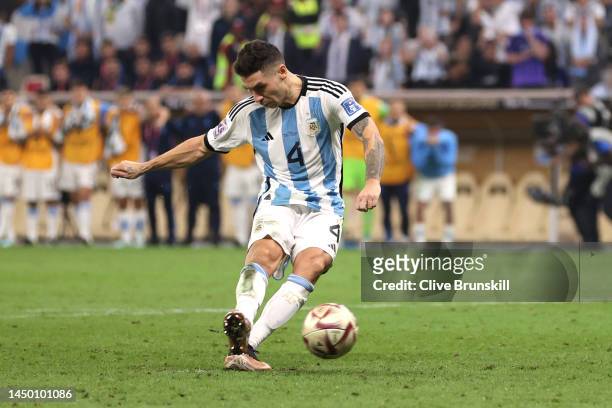 Gonzalo Montiel of Argentina scores the team's fourth and winning penalty in the penalty shoot out during the FIFA World Cup Qatar 2022 Final match...
