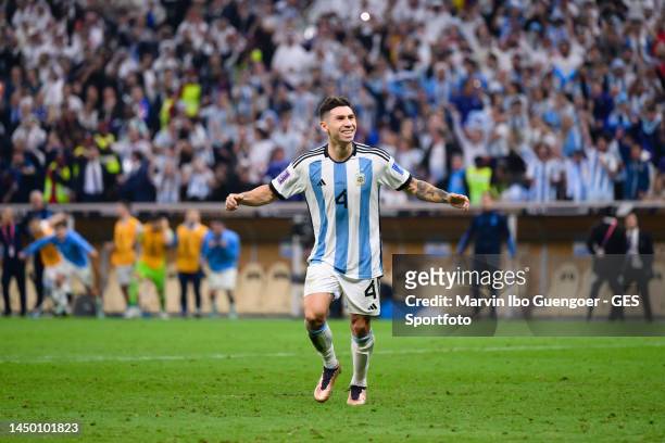 Gonzalo Montiel of Argentinia celebrates after scoring his team's seventh goal via penalty during the FIFA World Cup Qatar 2022 Final match between...