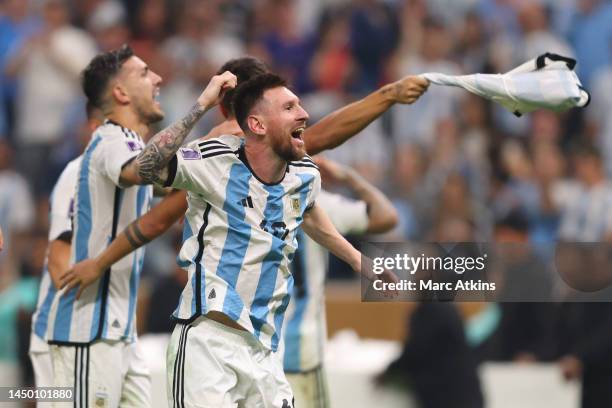 Lionel Messi of Argentina celebrates following his team's victory in the FIFA World Cup Qatar 2022 Final match between Argentina and France at Lusail...