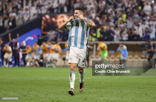 Gonzalo Montiel of Argentina celebrates after scoring the team's fourth and winning penalty in the penalty shoot out during the FIFA World Cup Qatar...