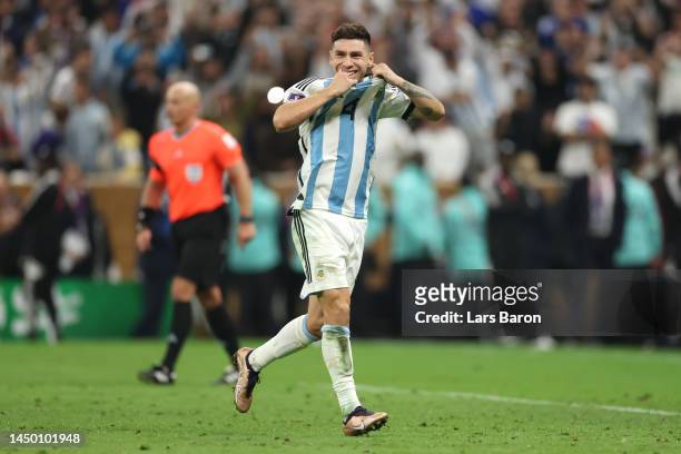 Gonzalo Montiel of Argentina celebrates after scoring the team's fourth and winning penalty in the penalty shoot out during the FIFA World Cup Qatar...