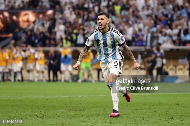 Leandro Paredes of Argentina celebrates after scoring the team's third penalty in the penalty shoot out during the FIFA World Cup Qatar 2022 Final...