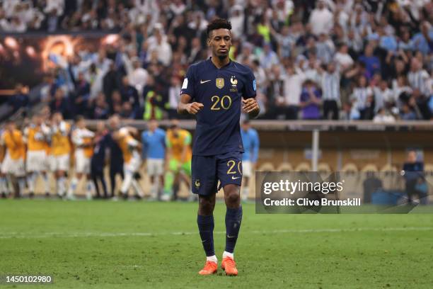 Kingsley Coman of France reacts after missing the team's second penalty in the penalty shoot out during the FIFA World Cup Qatar 2022 Final match...