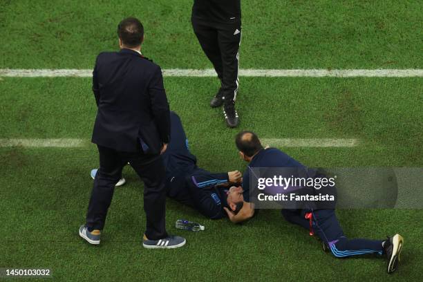 Lionel Scaloni Head coach of Argentina reacts following the penalty shoot out victory in the FIFA World Cup Qatar 2022 Final match between Argentina...