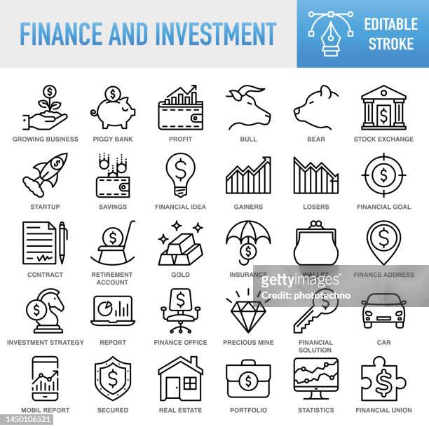 ilustrações de stock, clip art, desenhos animados e ícones de finance and investment icons collection - thin line vector icon set. pixel perfect. editable stroke. for mobile and web. the set contains icons: finance, saving money, bank, banking, capital, financial control, money  management, investment - bank manager